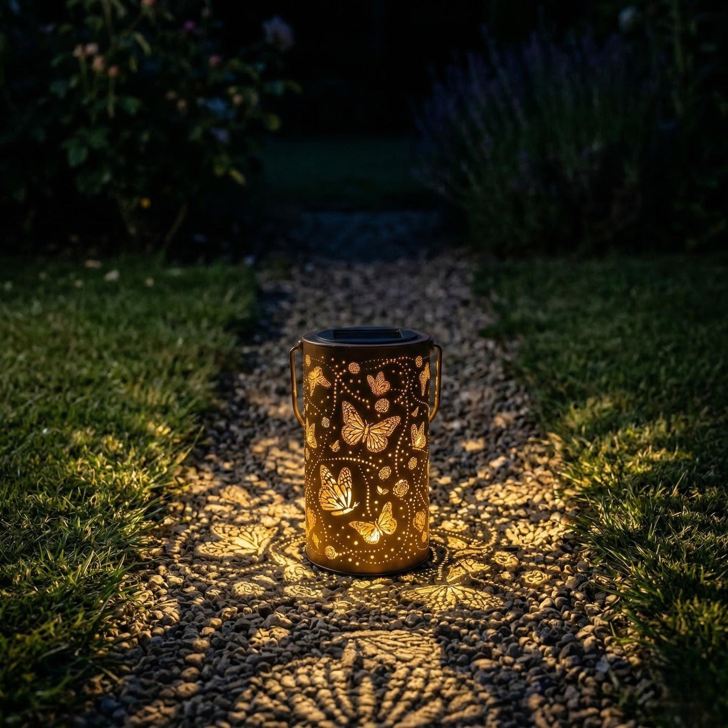 Solar Butterfly Lantern - Vintage Metal Garden Light with Butterfly & Floral Projection