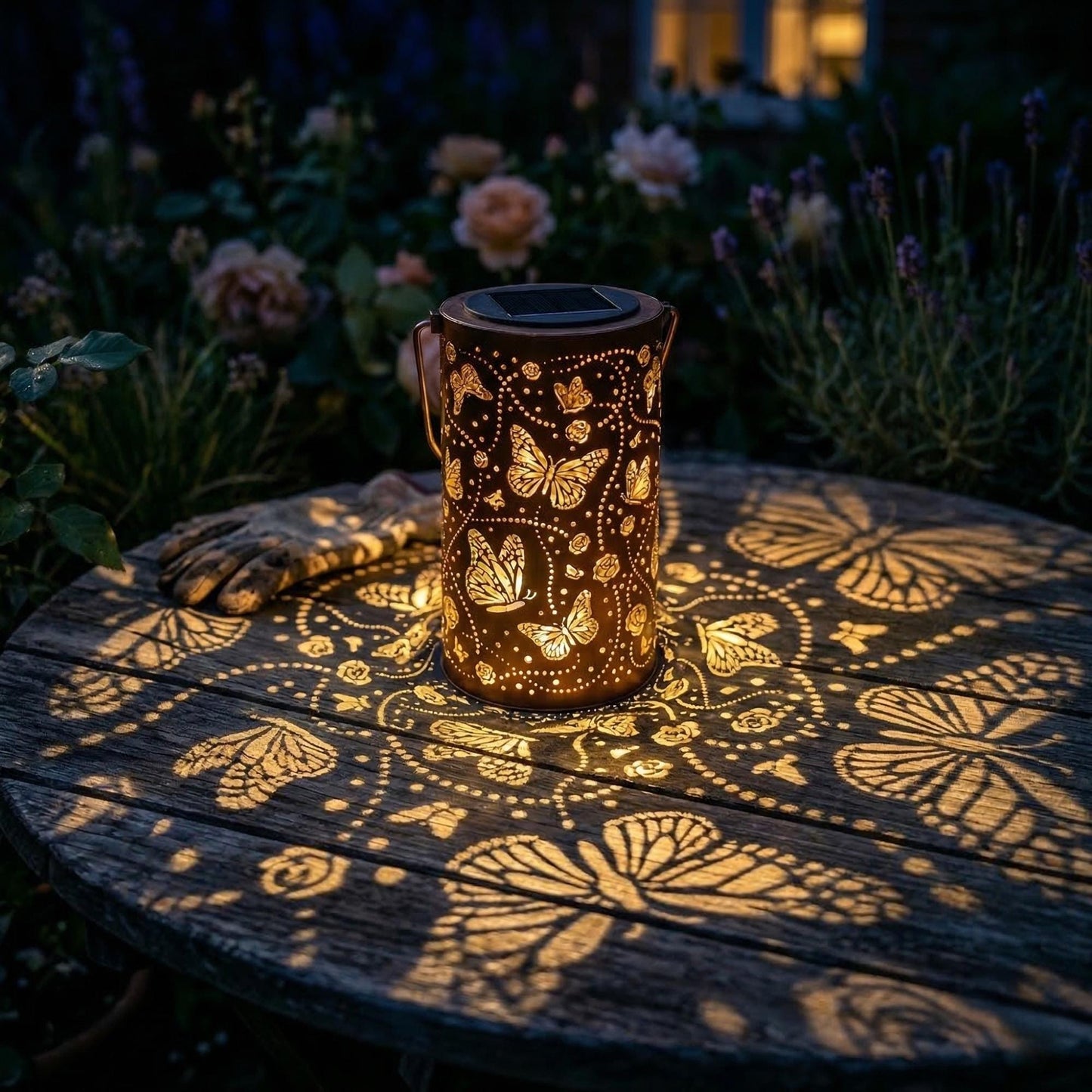 Solar Butterfly Lantern - Vintage Metal Garden Light with Butterfly & Floral Projection