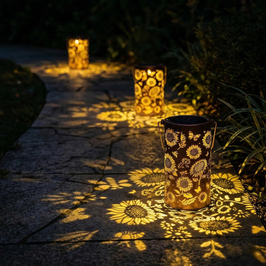Solar Floral Lantern - Waterproof Metal Hanging Light with Flower Shadow Projection