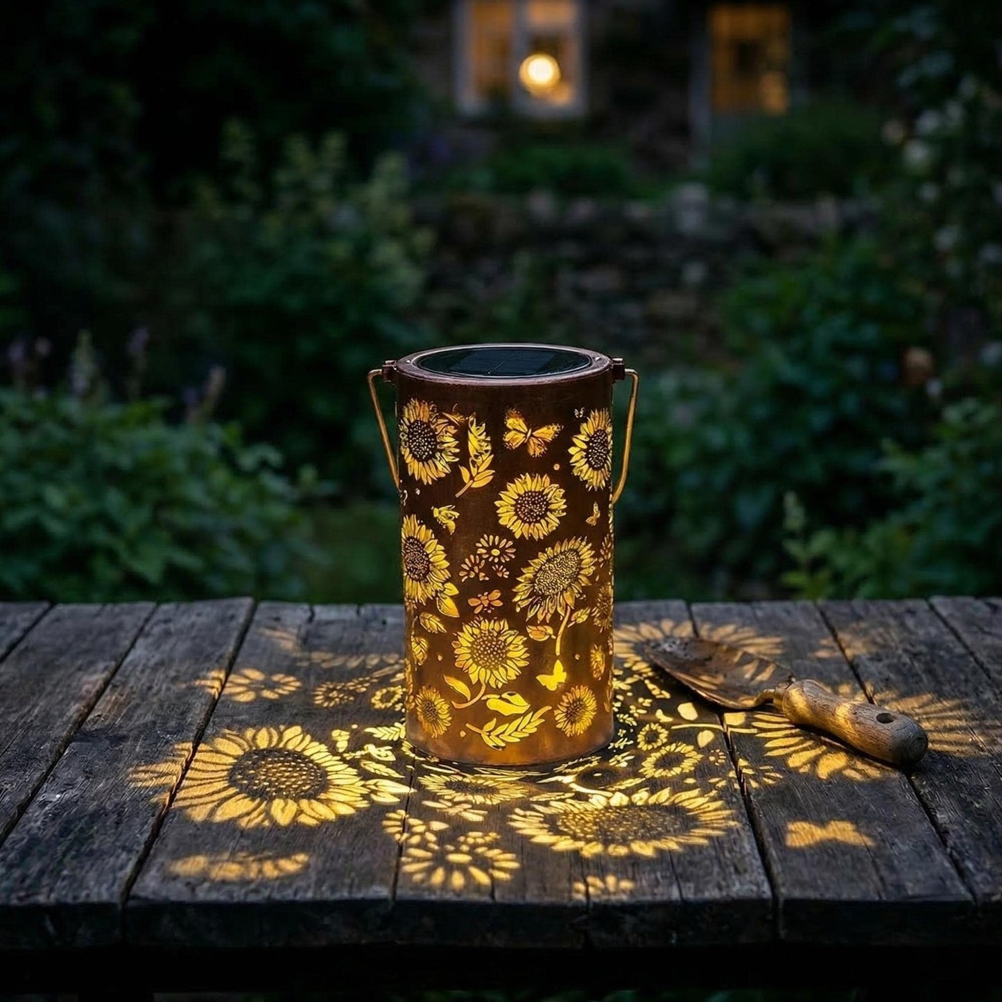 Solar Floral Lantern - Waterproof Metal Hanging Light with Flower Shadow Projection