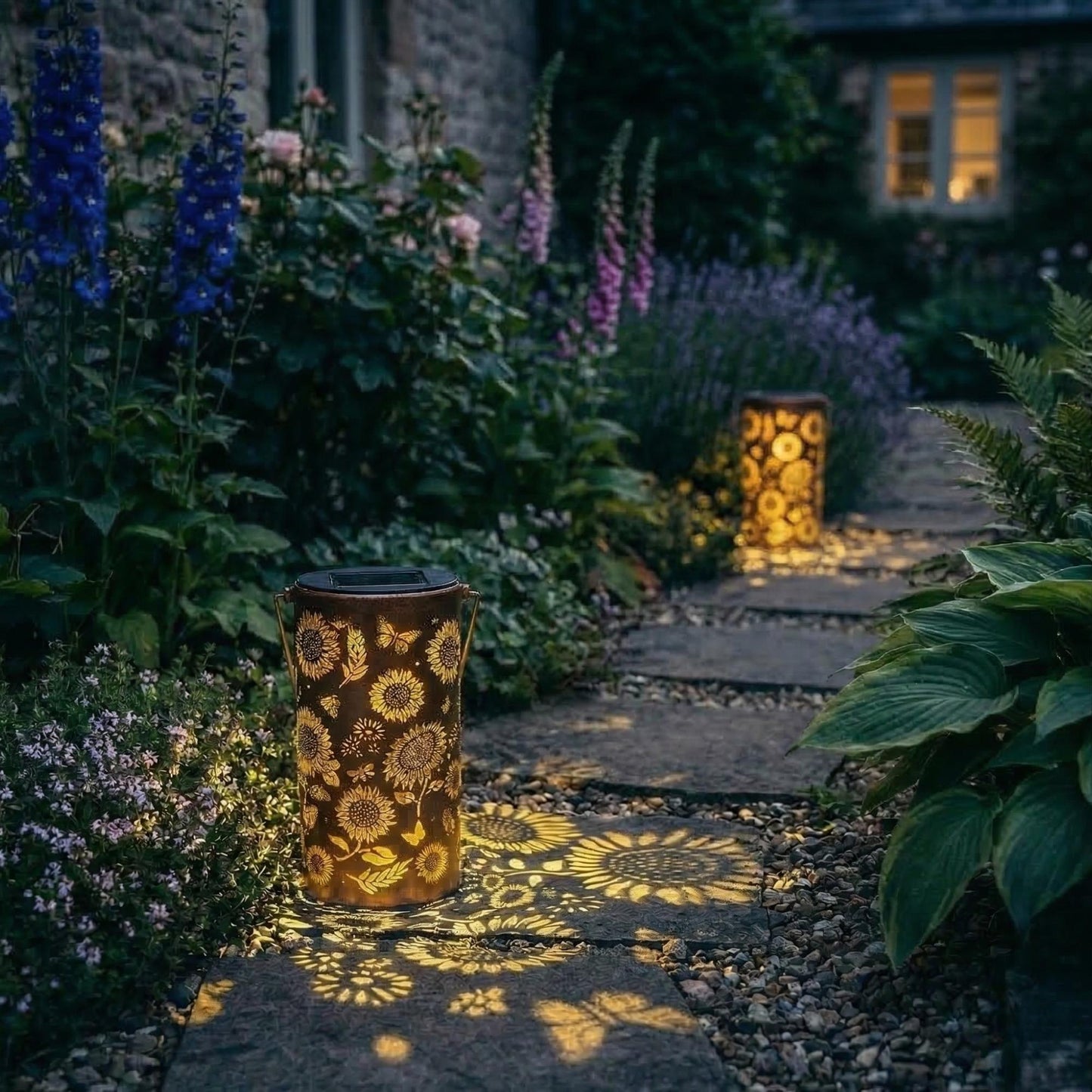 Solar Floral Lantern - Waterproof Metal Hanging Light with Flower Shadow Projection