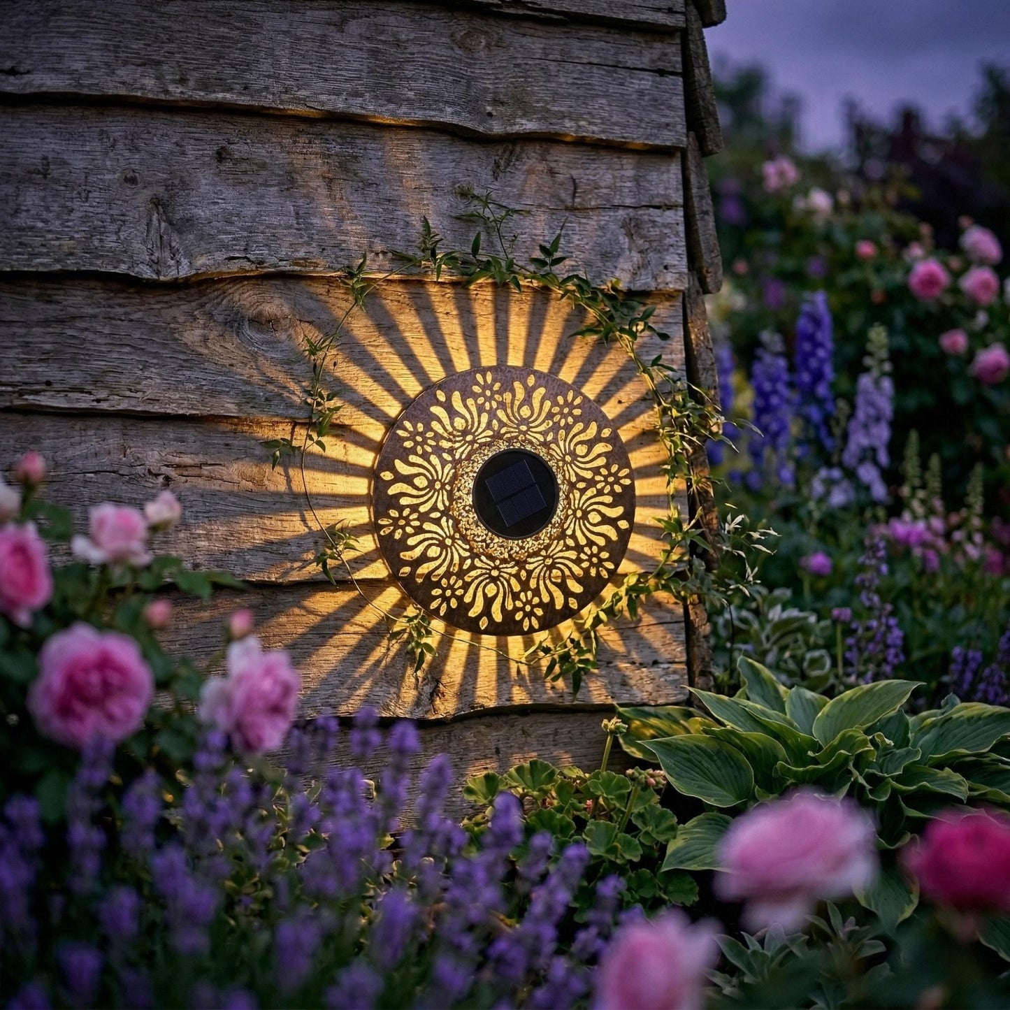 Solar Wall Lights Outdoor 2-Pack - Peony Pattern Metal LED Fence & Patio Decor