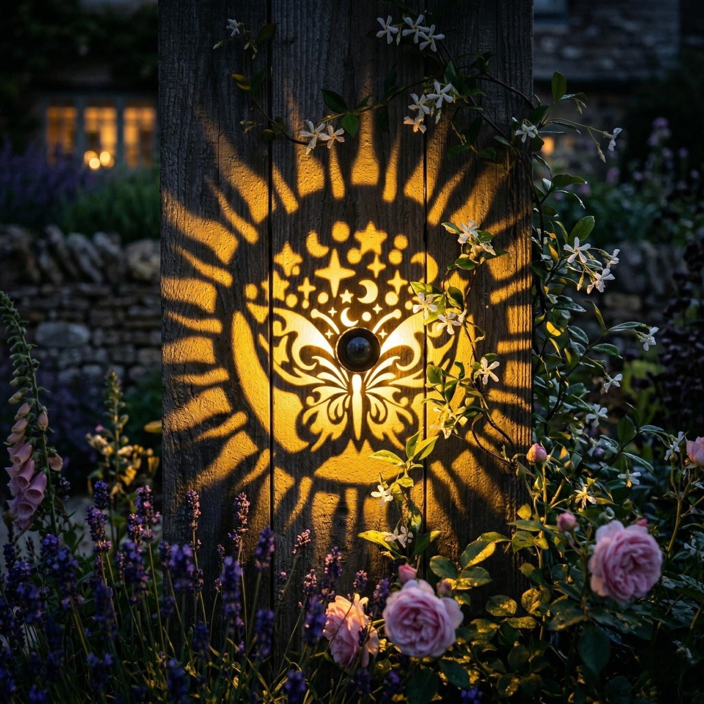 Solar Butterfly Wall Light - Moon & Star Projection LED Waterproof Fence Light
