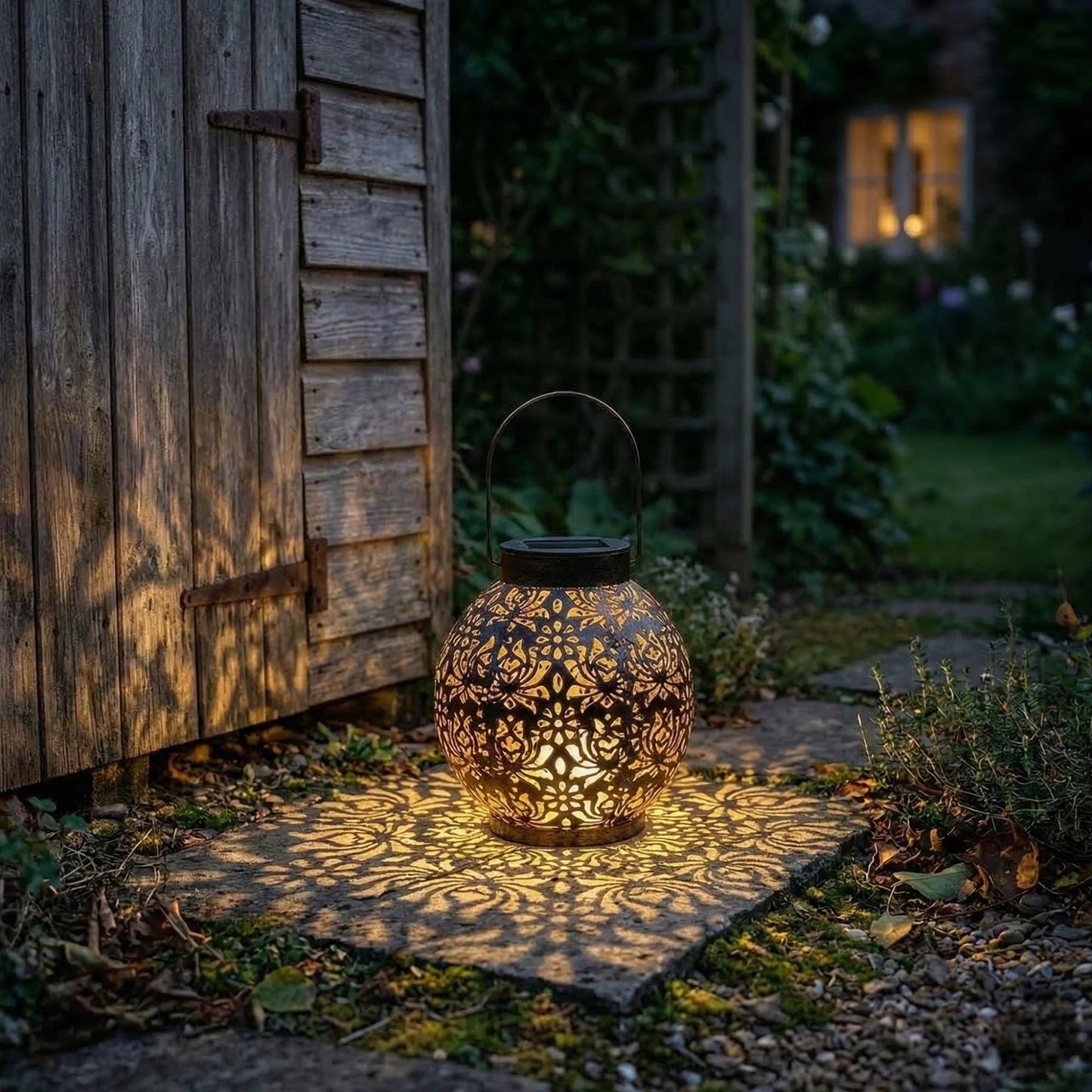 Solar Hanging Lantern - Spherical Metal Garden Light with Pattern Projection