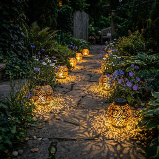 Solar Hanging Lantern - Spherical Metal Garden Light with Pattern Projection