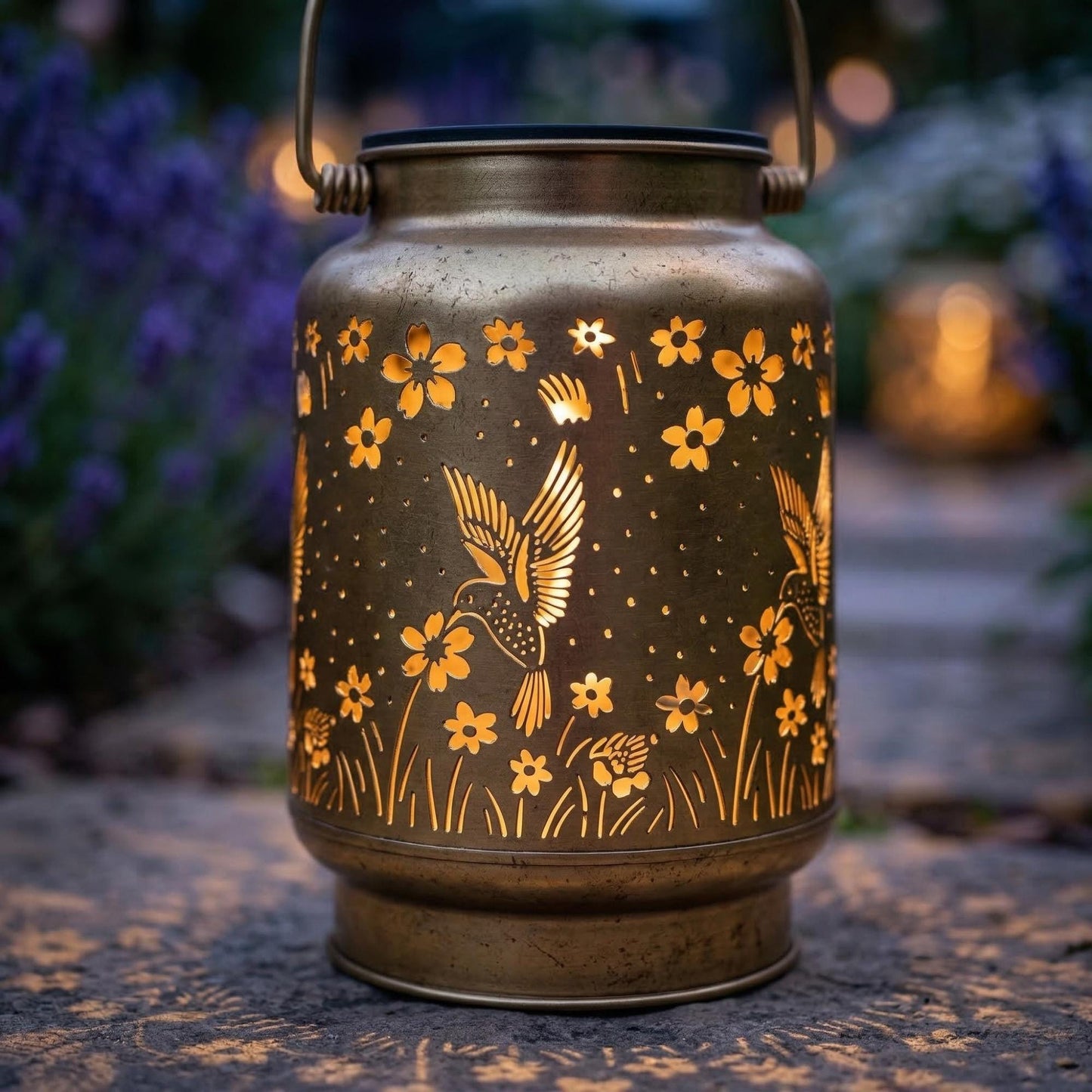 Solar Hummingbird Lantern - Vintage Antique Bronze LED Garden Light