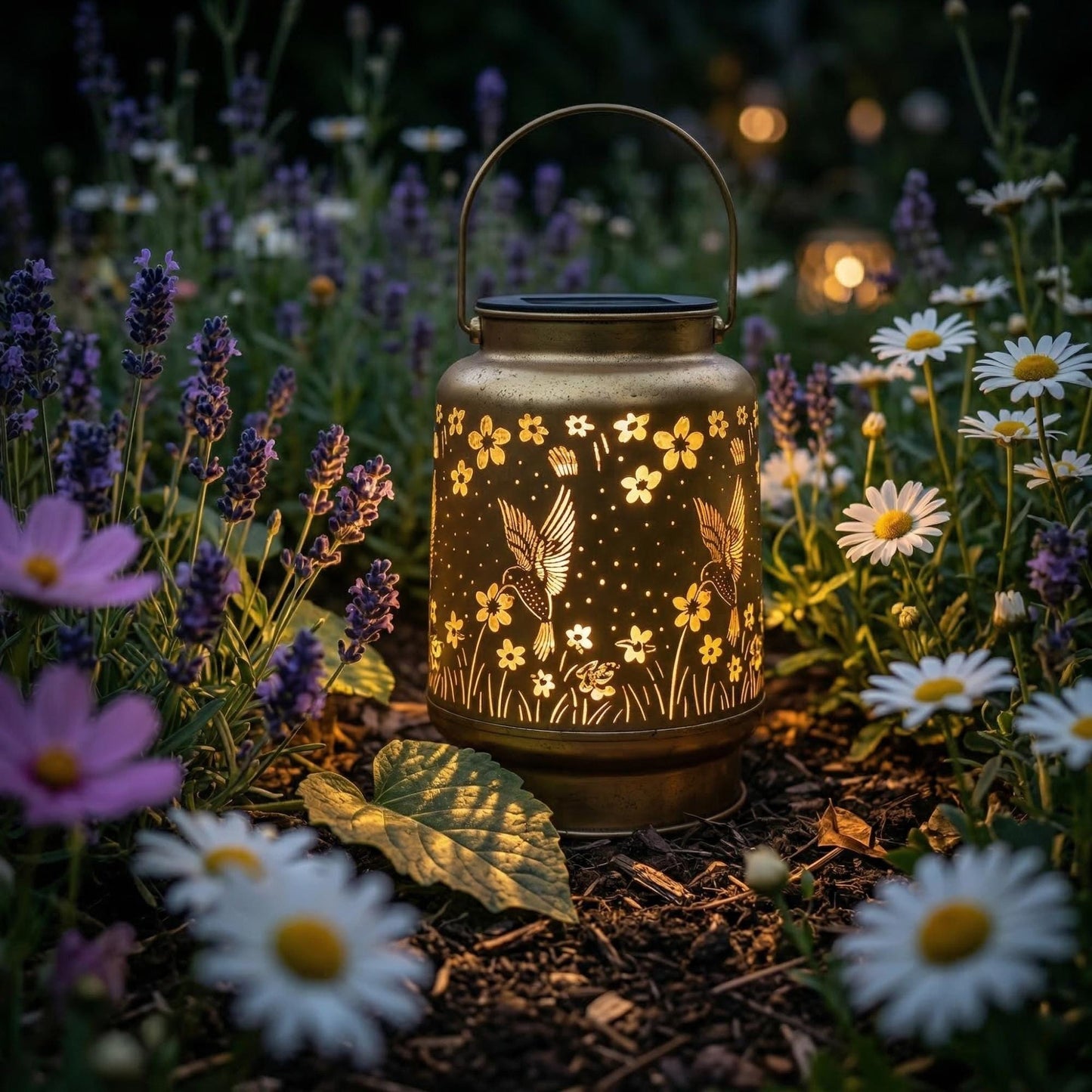 Solar Hummingbird Lantern - Vintage Antique Bronze LED Garden Light