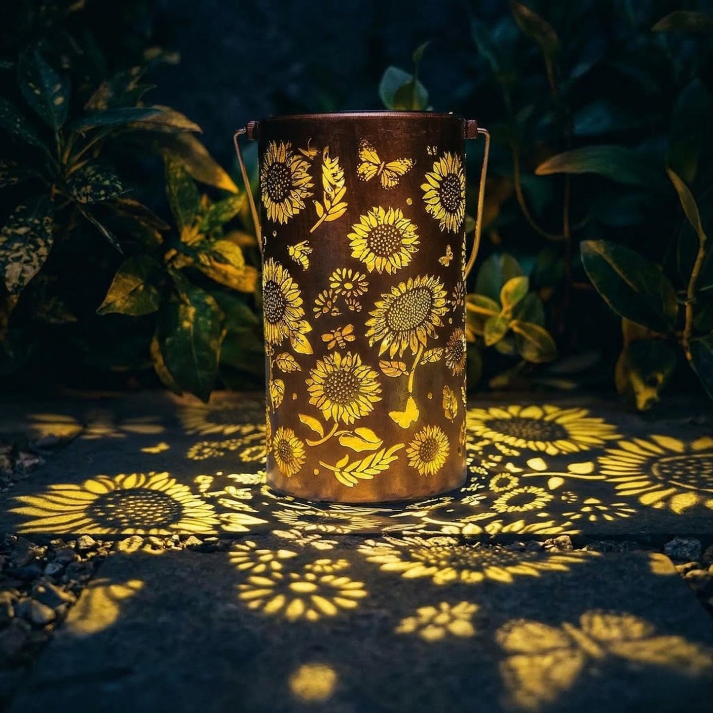 Solar Floral Lantern - Waterproof Metal Hanging Light with Flower Shadow Projection