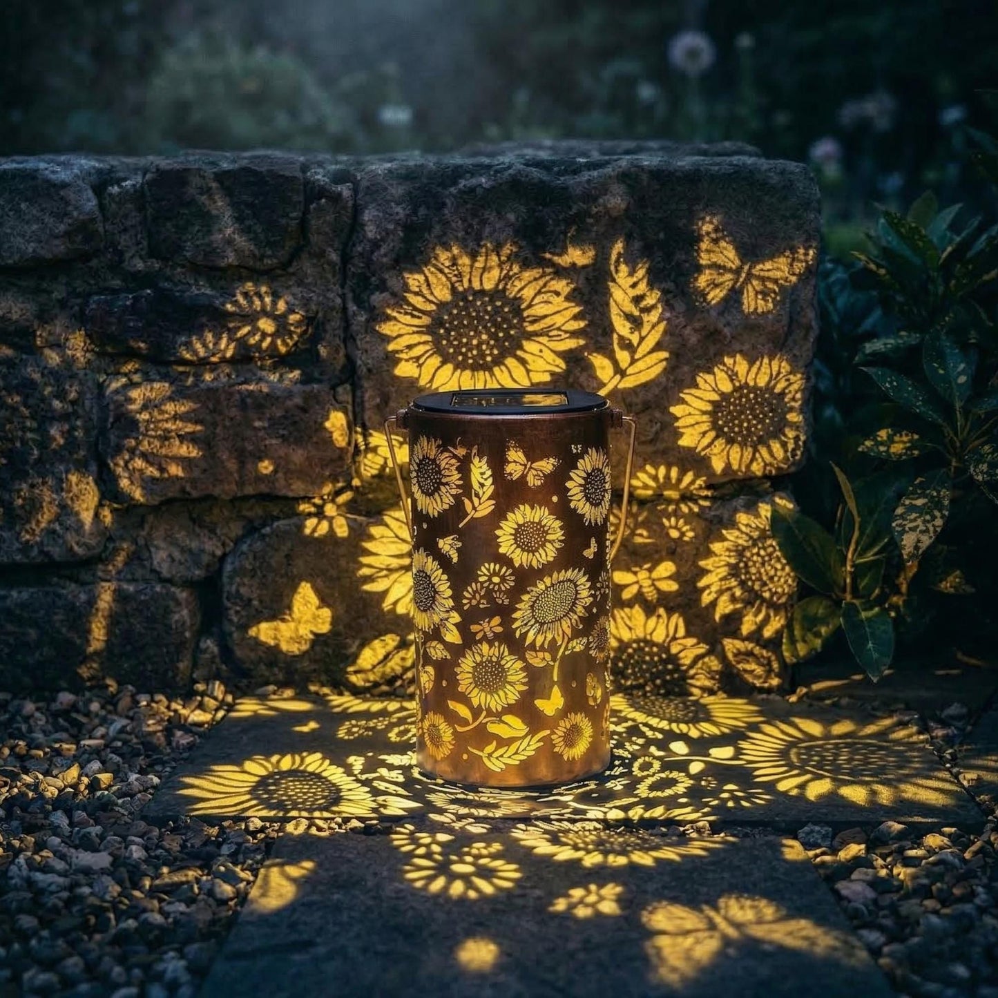 Solar Floral Lantern - Waterproof Metal Hanging Light with Flower Shadow Projection