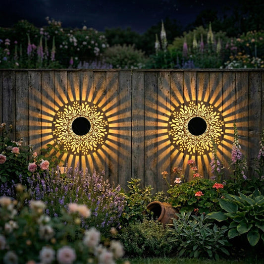 Solar Wall Lights Outdoor 2-Pack - Peony Pattern Metal LED Fence & Patio Decor