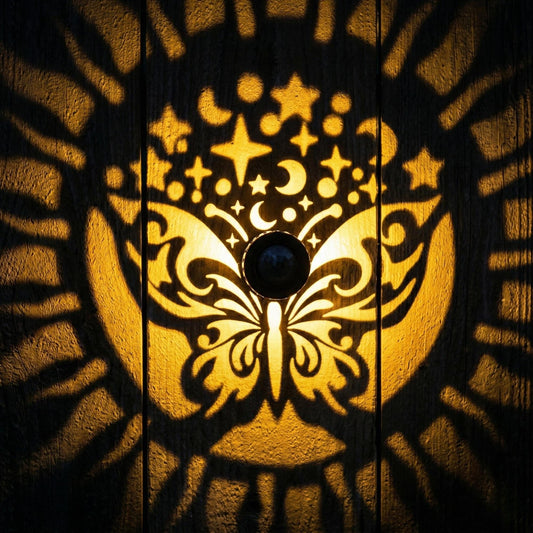 Solar Butterfly Wall Light - Moon & Star Projection LED Waterproof Fence Light