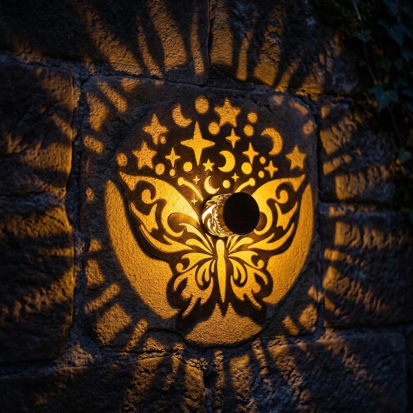 Solar Butterfly Wall Light - Moon & Star Projection LED Waterproof Fence Light