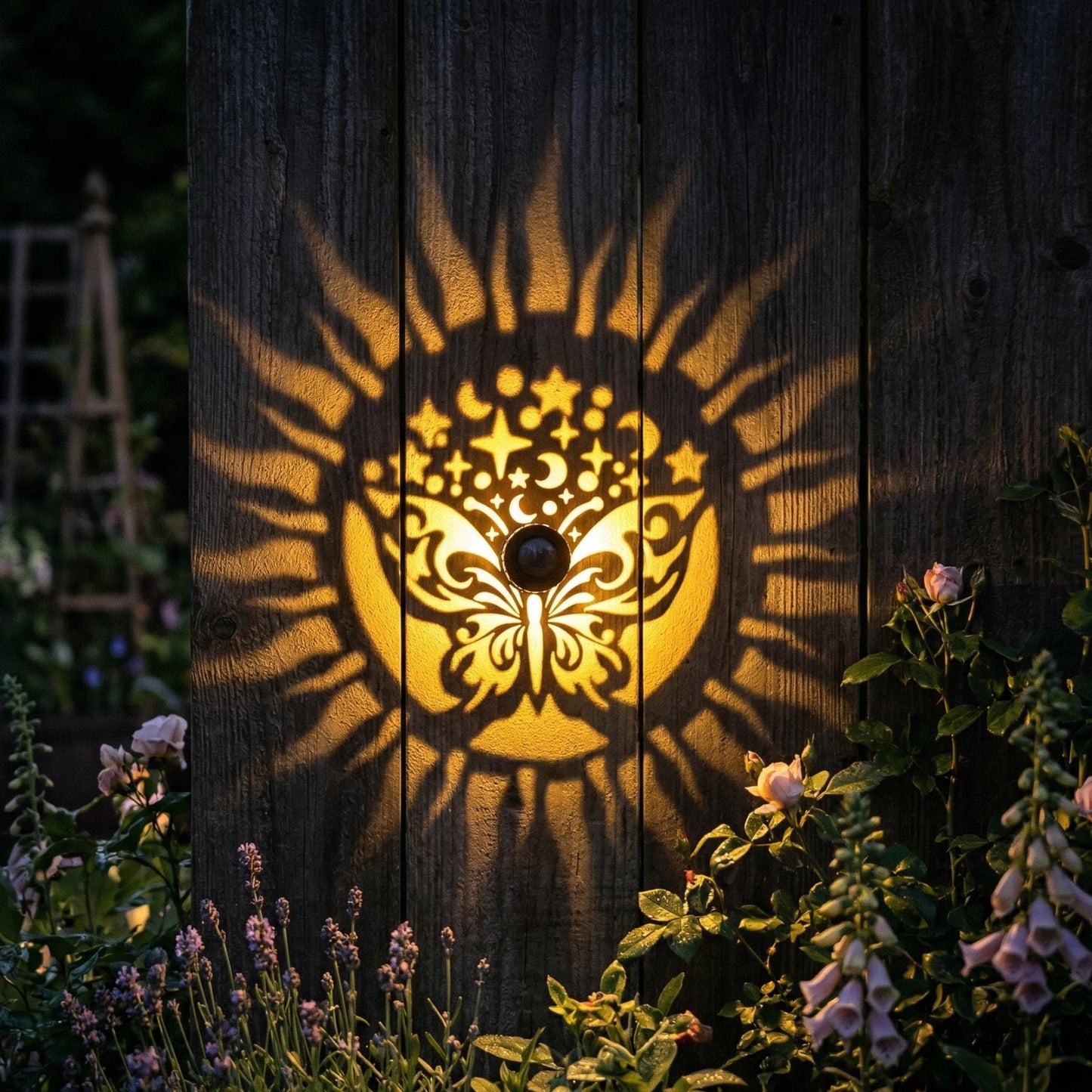 Solar Butterfly Wall Light - Moon & Star Projection LED Waterproof Fence Light