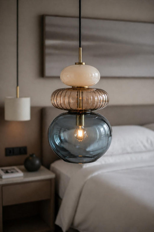 Modern Stacked Glass Pendant Light - Amber, Blue & Frosted Layered Glass Ceiling Lamp