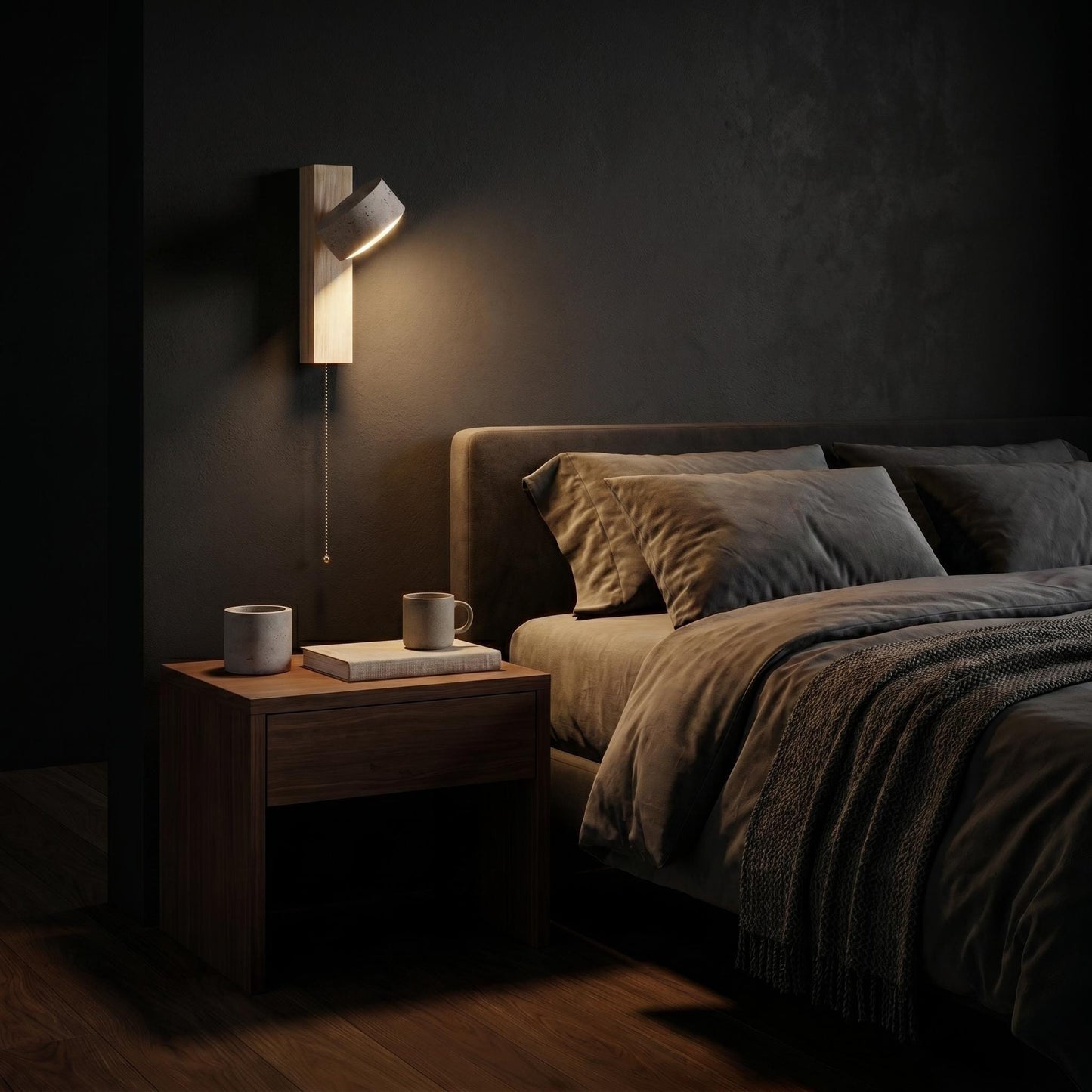 Travertine Stone Wall Lamp - 180° Rotatable Solid Wood Sconce with Pull Chain & Natural Stone Shade