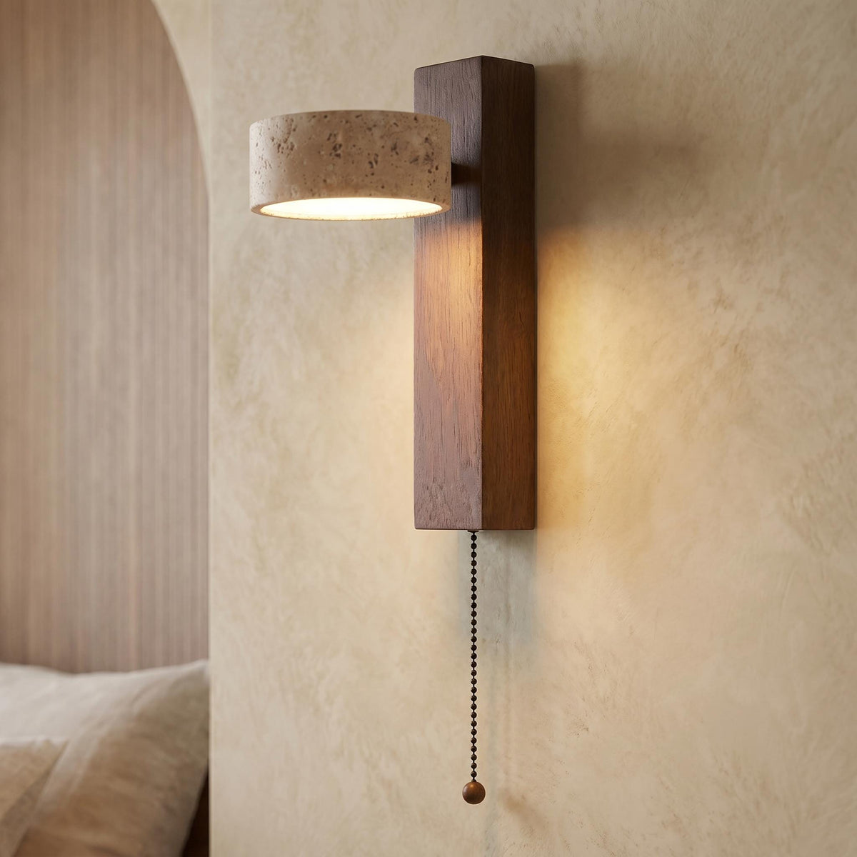 Travertine Stone Wall Lamp - 180° Rotatable Solid Wood Sconce with Pull Chain & Natural Stone Shade