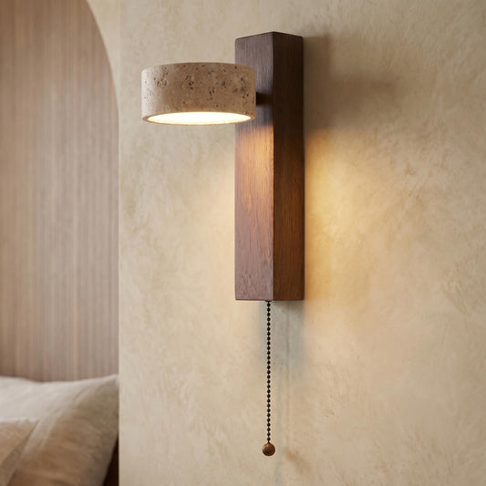 Travertine Stone Wall Lamp - 180° Rotatable Solid Wood Sconce with Pull Chain & Natural Stone Shade