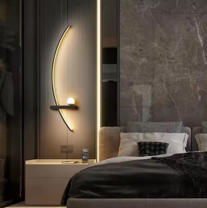 Crescent Moon LED Wall Sconce - Nordic Aluminum Crescent Arc & Orb Wall Light