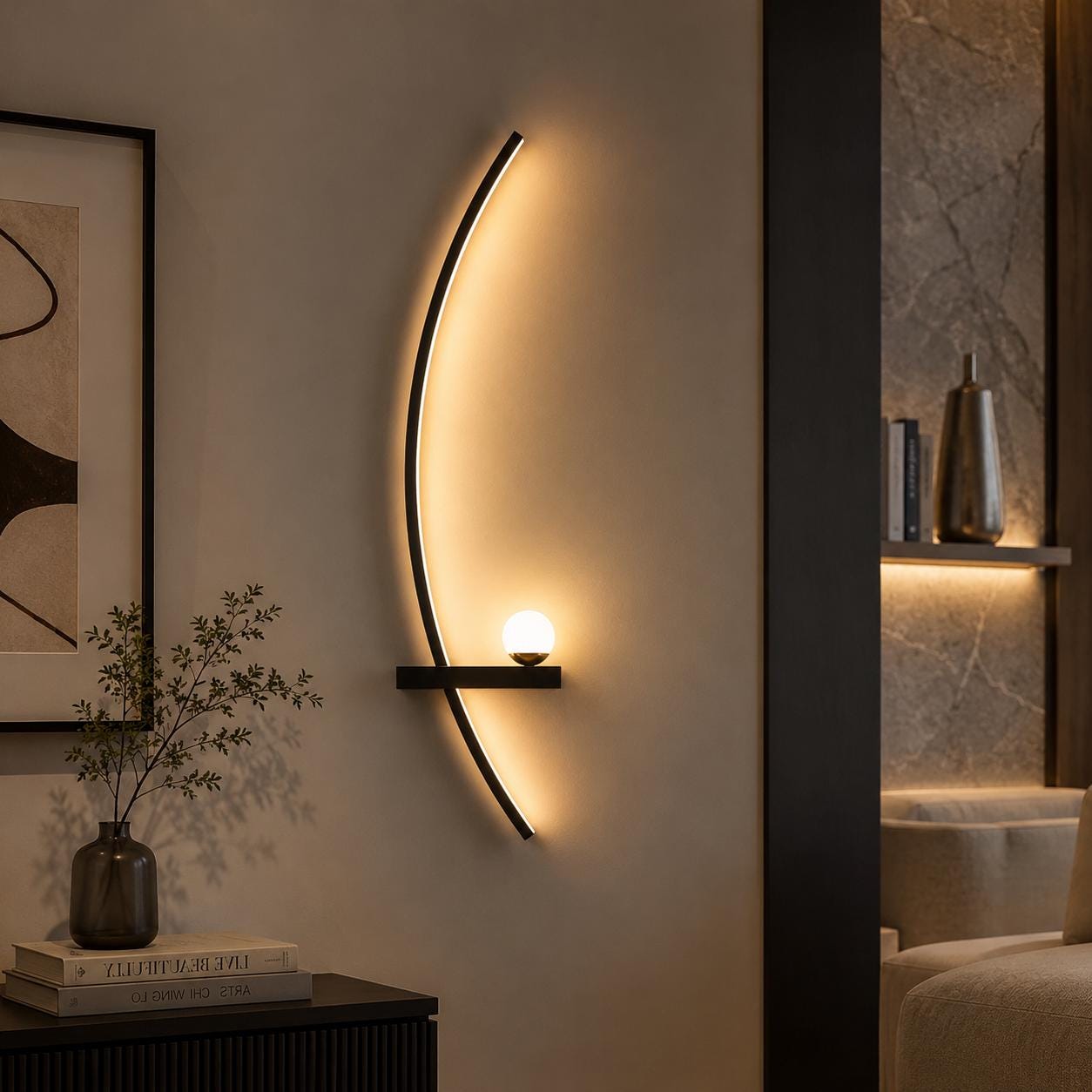Crescent Moon LED Wall Sconce - Nordic Aluminum Crescent Arc & Orb Wall Light