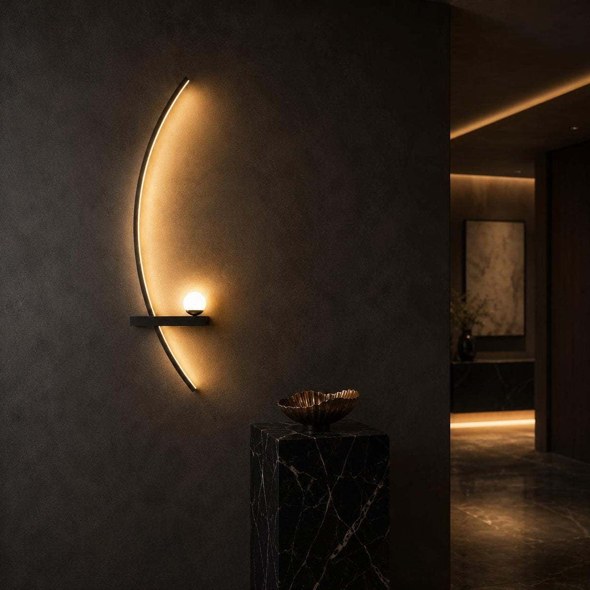 Crescent Moon LED Wall Sconce - Nordic Aluminum Crescent Arc & Orb Wall Light
