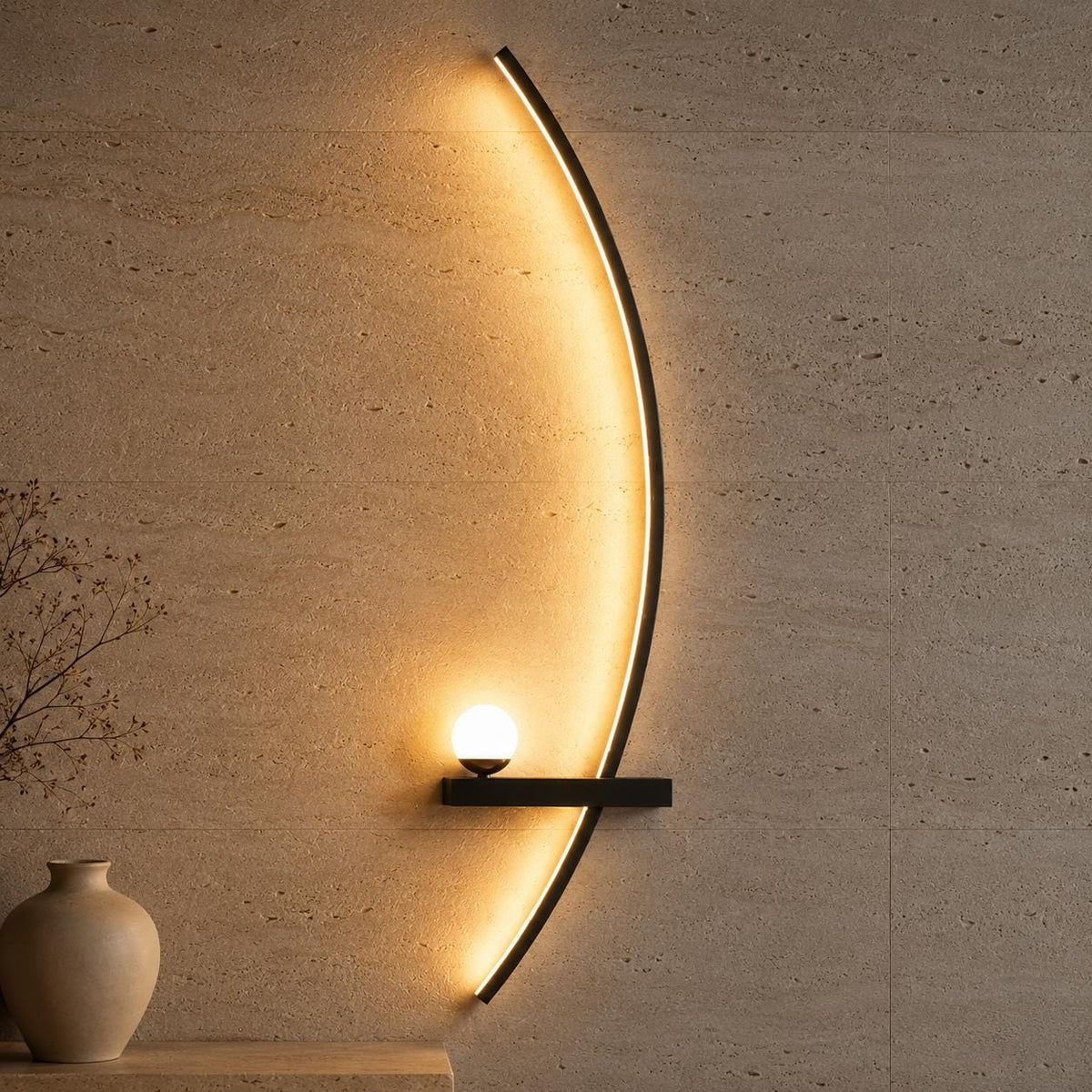 Crescent Moon LED Wall Sconce - Nordic Aluminum Crescent Arc & Orb Wall Light