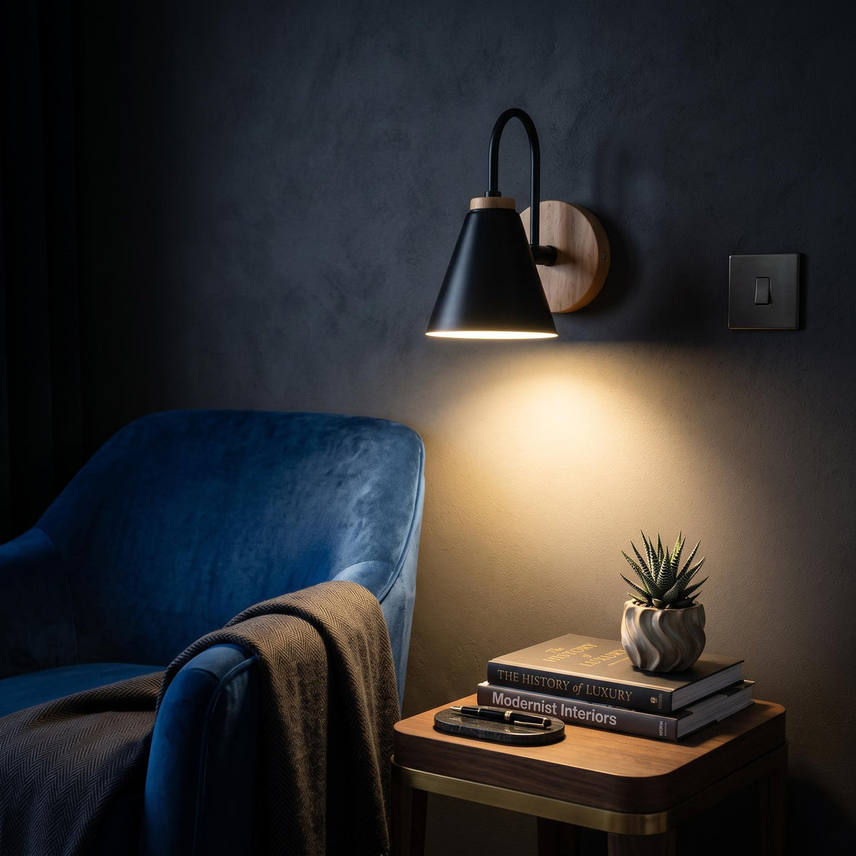 Nordic Wooden Wall Sconce - Natural Wood Backplate & Matte Iron Cone Reading Lamp