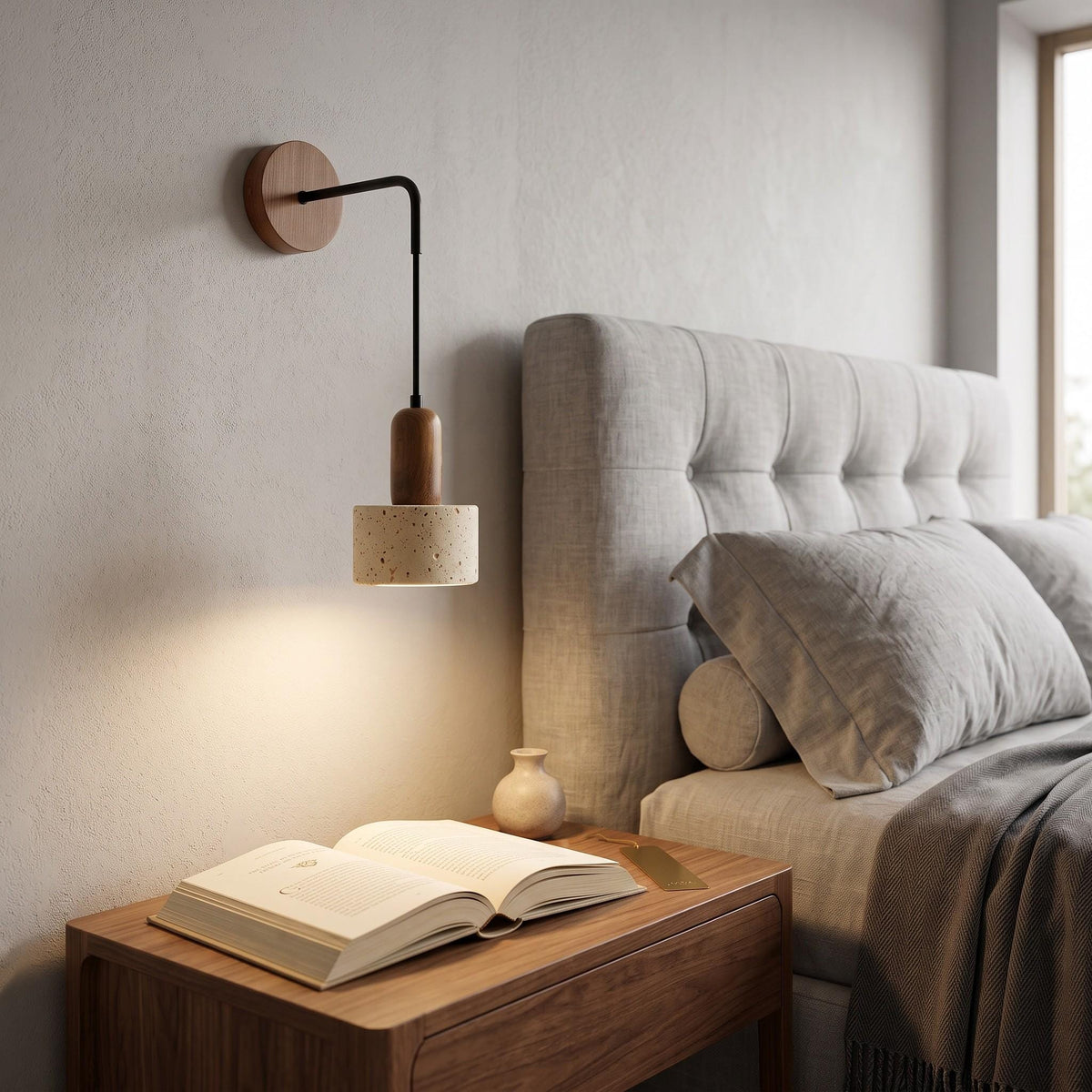 Travertine Stone Wall Sconce - Natural Textured Travertine & Walnut Wood Sconce
