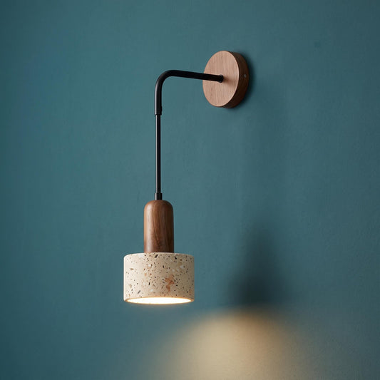 Travertine Stone Wall Sconce - Natural Textured Travertine & Walnut Wood Sconce
