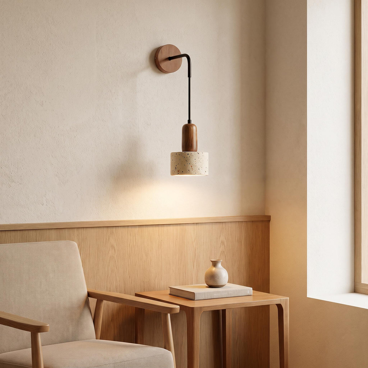 Travertine Stone Wall Sconce - Natural Textured Travertine & Walnut Wood Sconce