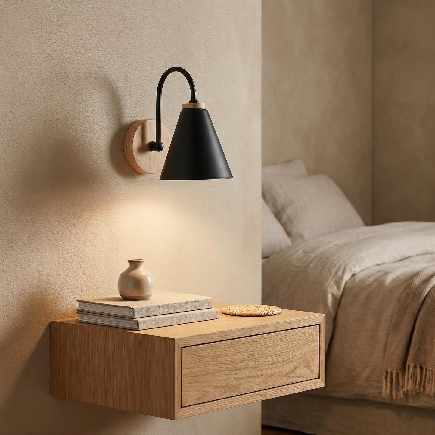 Nordic Wooden Wall Sconce - Natural Wood Backplate & Matte Iron Cone Reading Lamp