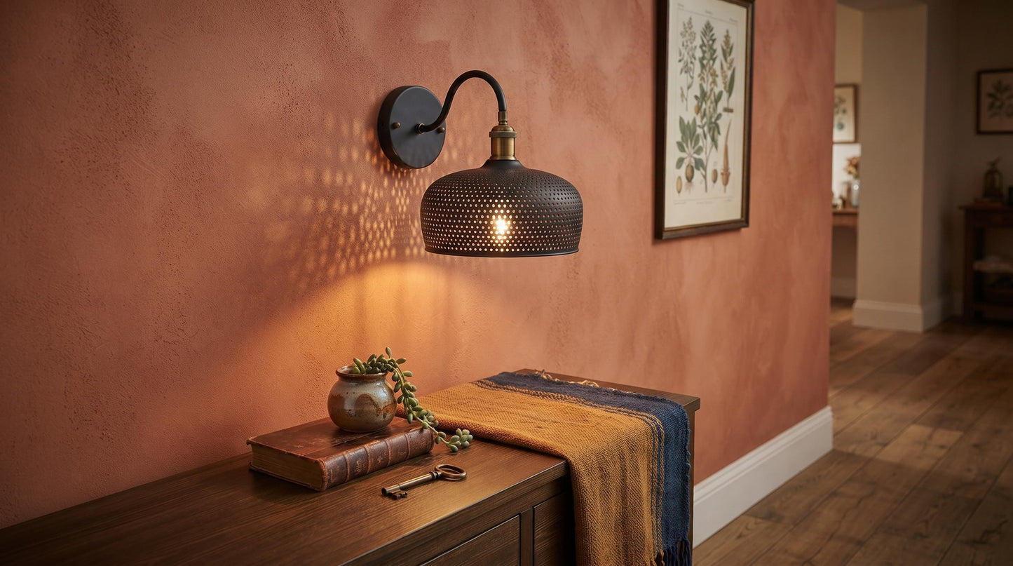 Black Perforated Wall Sconce - Hand-Hammered Pure Copper Green Patina Wall Light