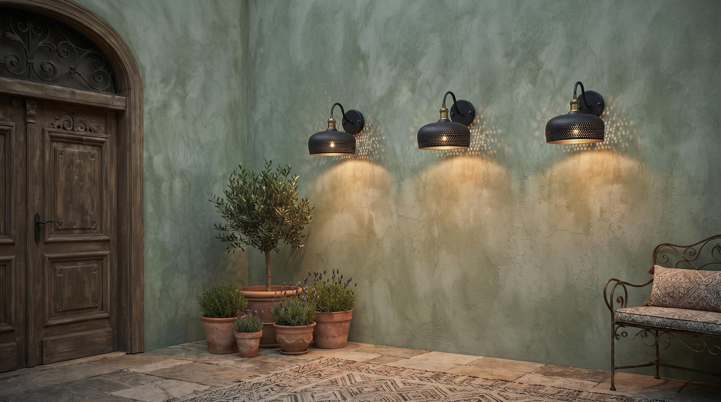 Black Perforated Wall Sconce - Hand-Hammered Pure Copper Green Patina Wall Light