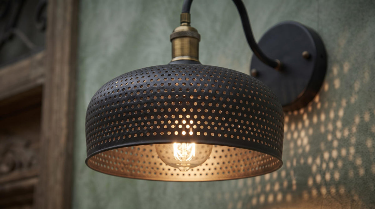 Black Perforated Wall Sconce - Hand-Hammered Pure Copper Green Patina Wall Light