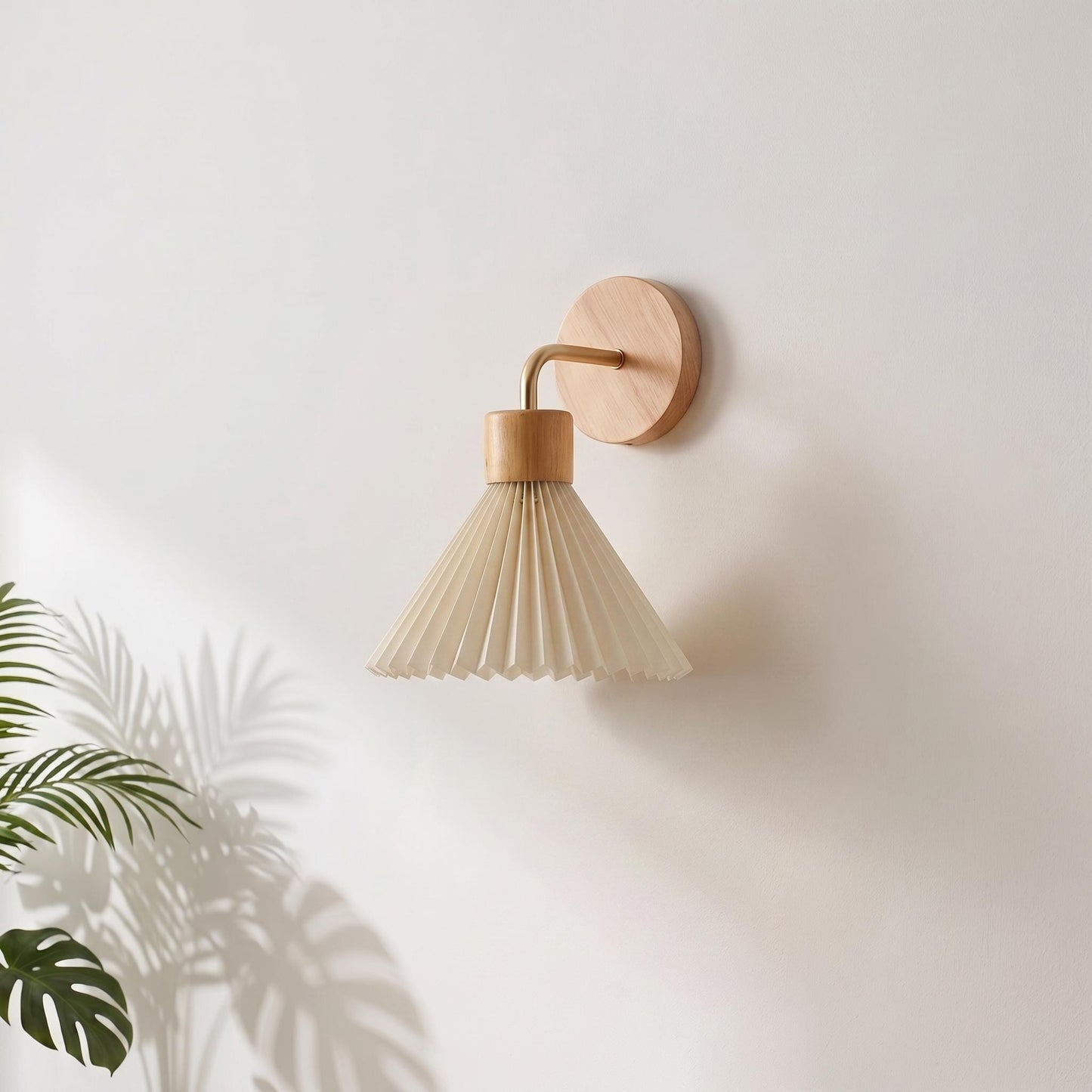 Modern Wood Wall Sconce - Cream Pleated Fabric Shade & Gold Curved Arm Sconce