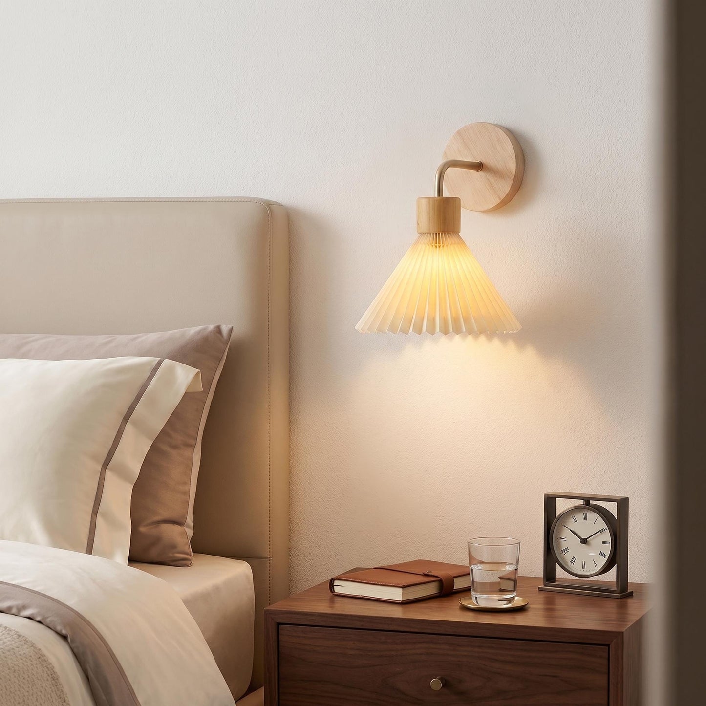 Modern Wood Wall Sconce - Cream Pleated Fabric Shade & Gold Curved Arm Sconce