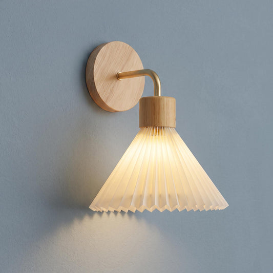 Modern Wood Wall Sconce - Cream Pleated Fabric Shade & Gold Curved Arm Sconce