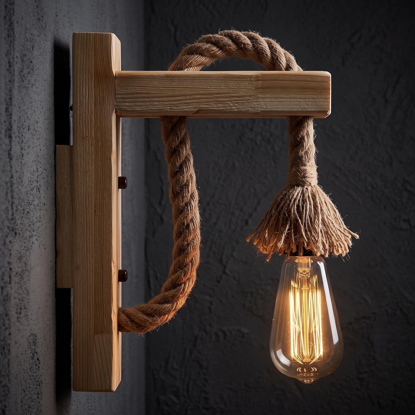 Hemp Rope Wall Lamp - Solid Wood Backplate & Natural Twisted Rope Sconce