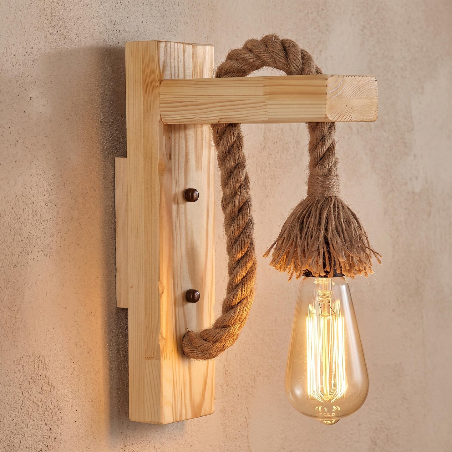 Hemp Rope Wall Lamp - Solid Wood Backplate & Natural Twisted Rope Sconce