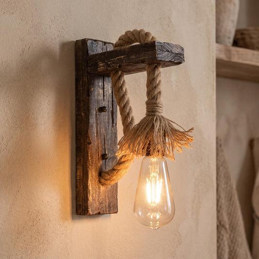 Hemp Rope Wall Lamp - Solid Wood Backplate & Natural Twisted Rope Sconce