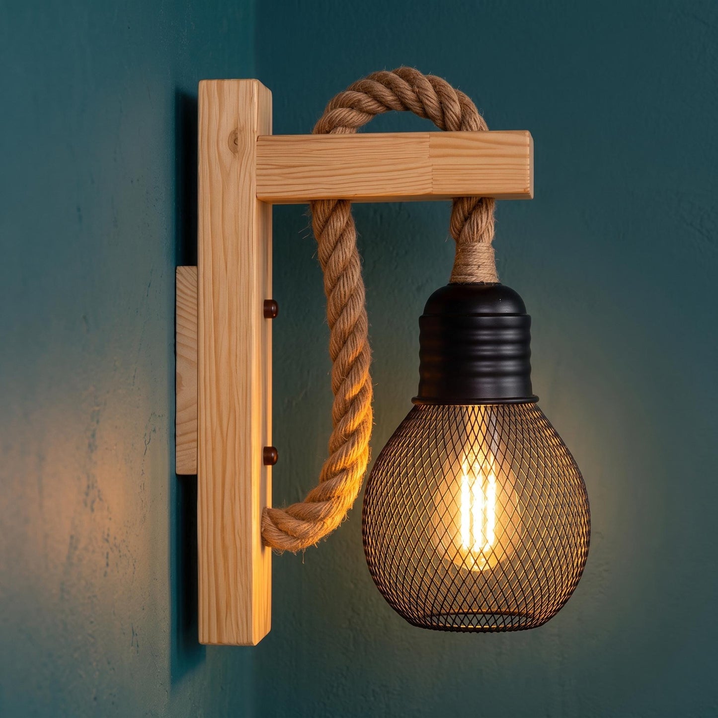 Hemp Rope Wall Lamp with Wire Mesh Cage - Solid Wood & Hemp Rope Industrial Sconce