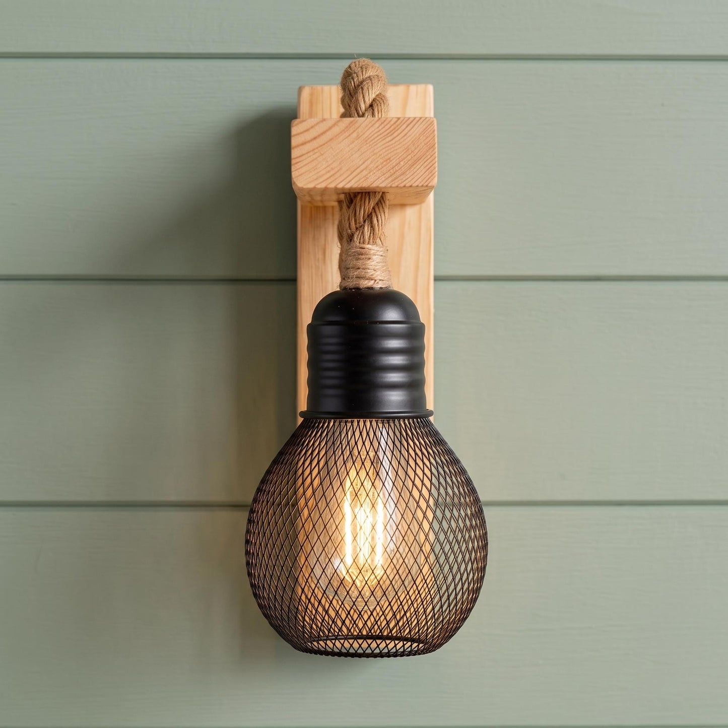Hemp Rope Wall Lamp with Wire Mesh Cage - Solid Wood & Hemp Rope Industrial Sconce
