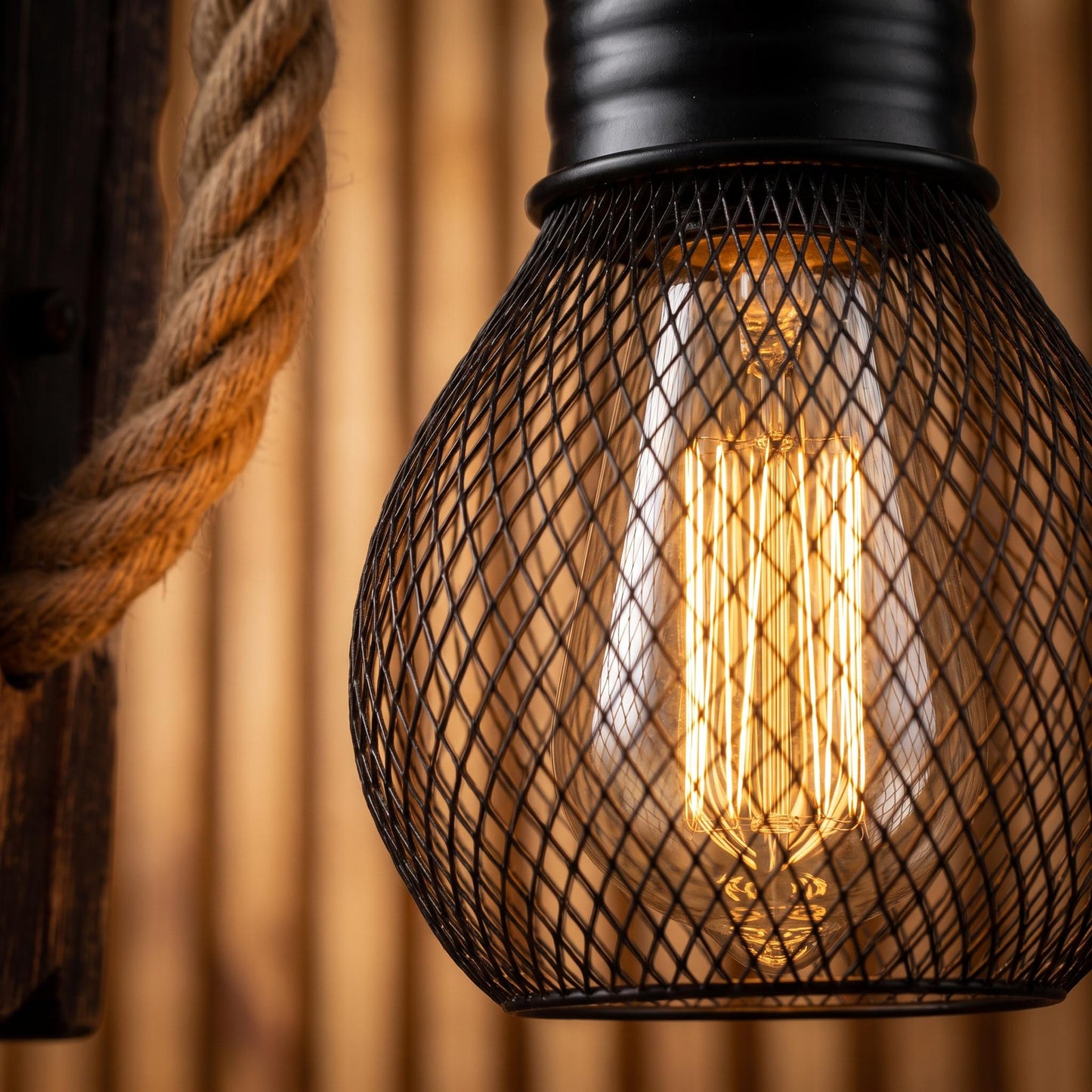 Hemp Rope Wall Lamp with Wire Mesh Cage - Solid Wood & Hemp Rope Industrial Sconce