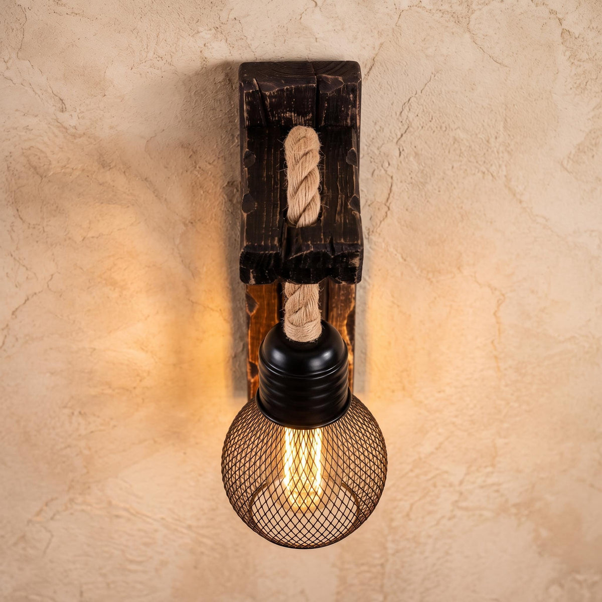 Hemp Rope Wall Lamp with Wire Mesh Cage - Solid Wood & Hemp Rope Industrial Sconce