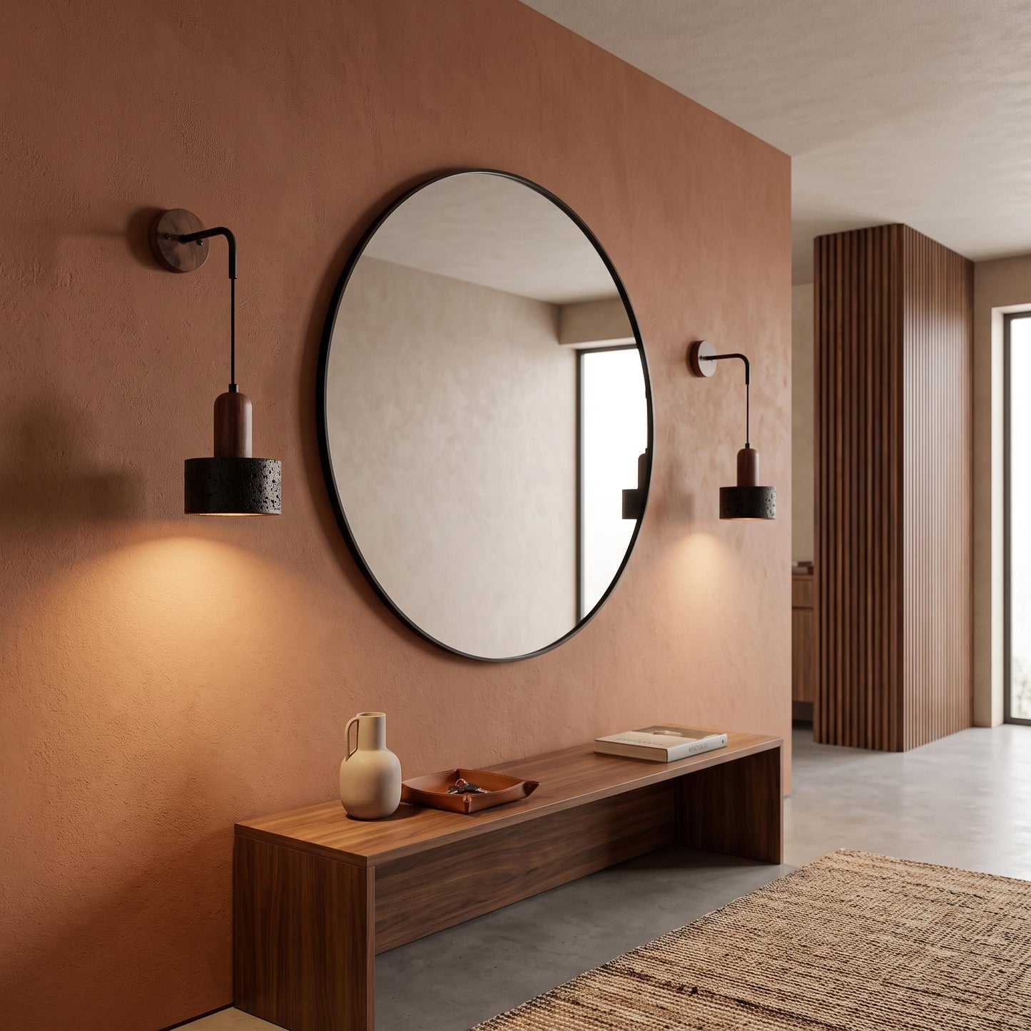 Travertine Stone Wall Sconce - Natural Textured Travertine & Walnut Wood Sconce