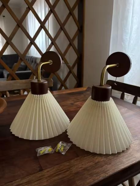 Modern Wood Wall Sconce - Cream Pleated Fabric Shade & Gold Curved Arm Sconce
