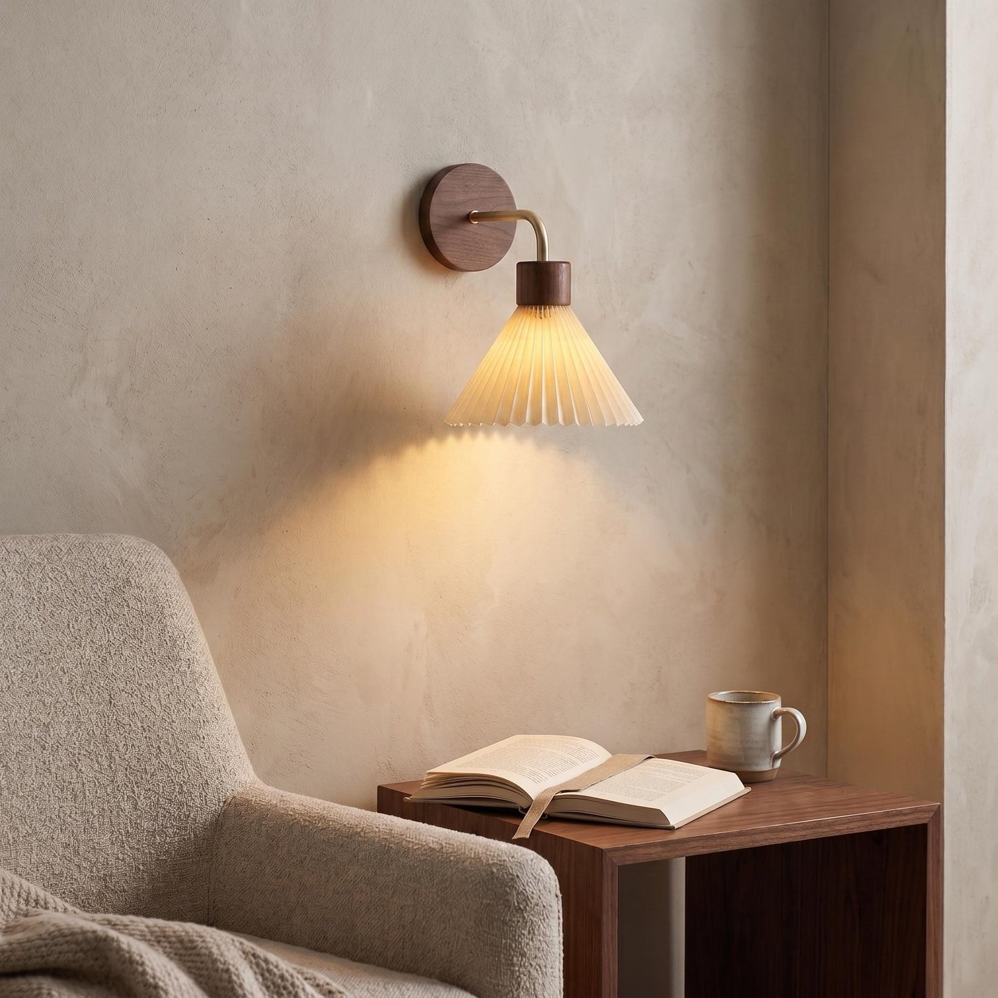 Modern Wood Wall Sconce - Cream Pleated Fabric Shade & Gold Curved Arm Sconce
