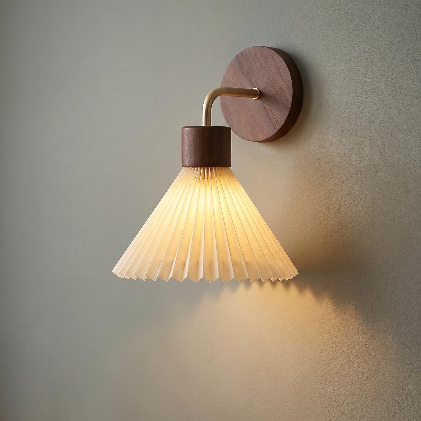 Modern Wood Wall Sconce - Cream Pleated Fabric Shade & Gold Curved Arm Sconce