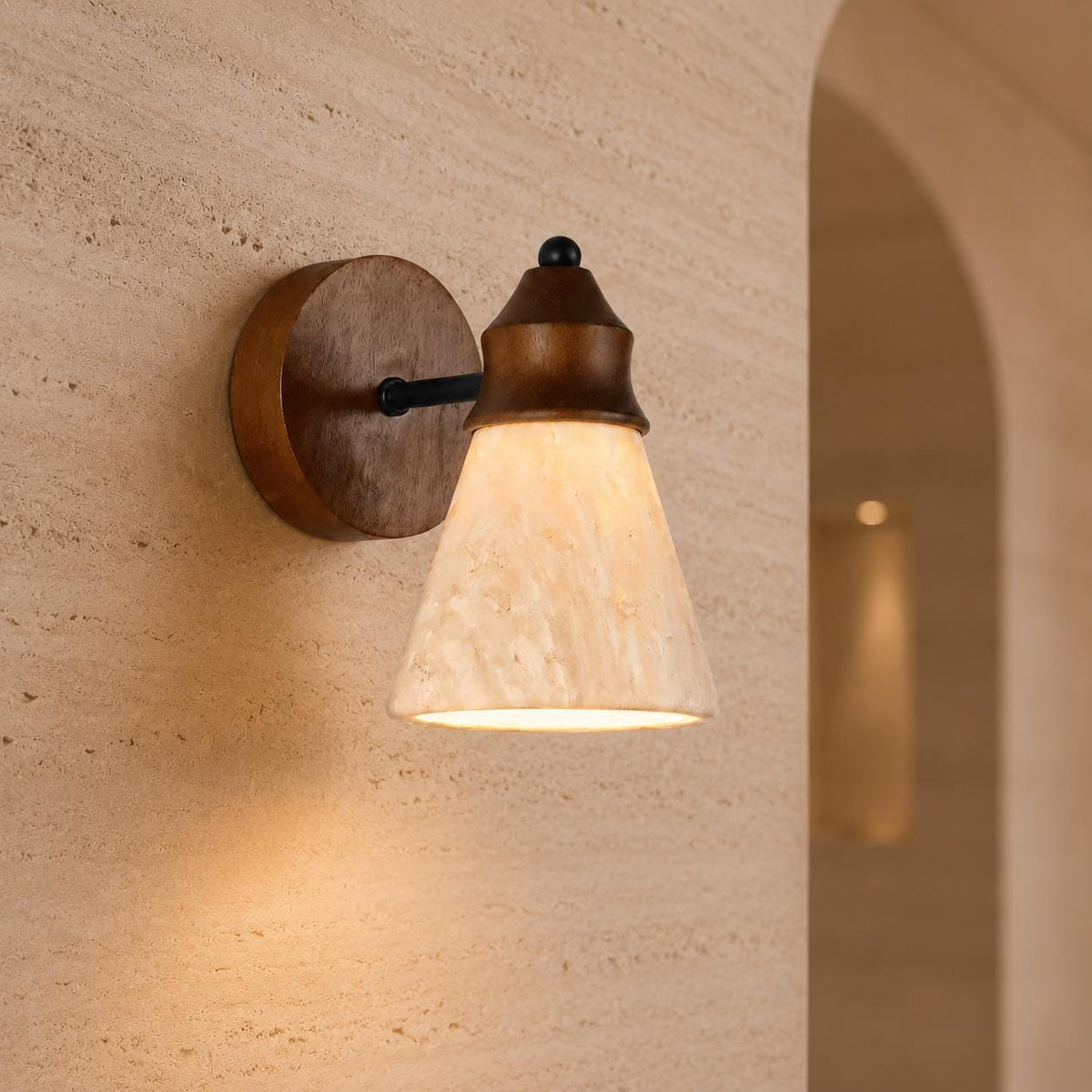 Natural Travertine Stone Wall Sconce - Conical Yellow Travertine & Wood E27 Wall Light