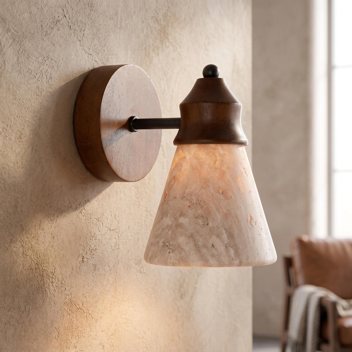 Natural Travertine Stone Wall Sconce - Conical Yellow Travertine & Wood E27 Wall Light