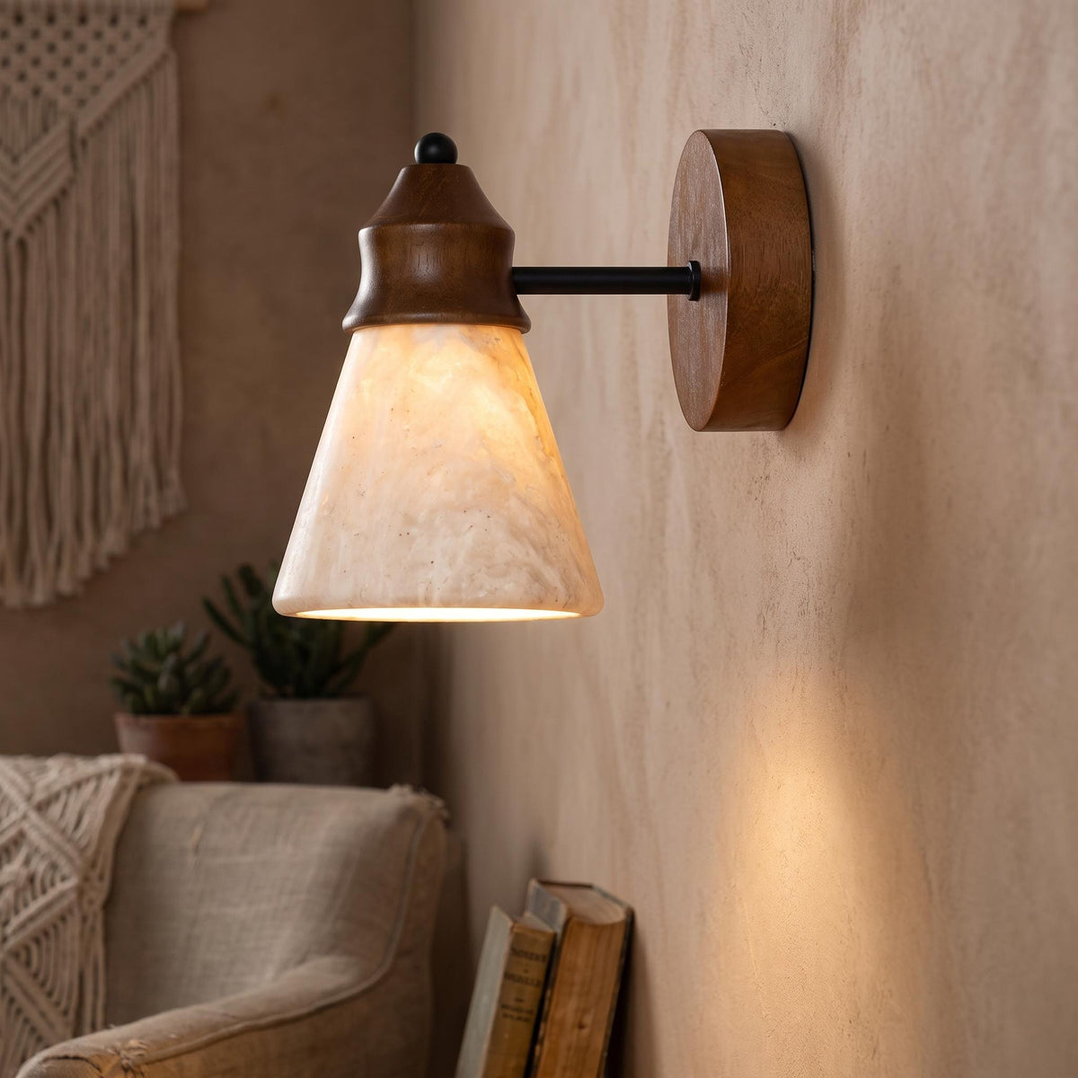 Natural Travertine Stone Wall Sconce - Conical Yellow Travertine & Wood E27 Wall Light